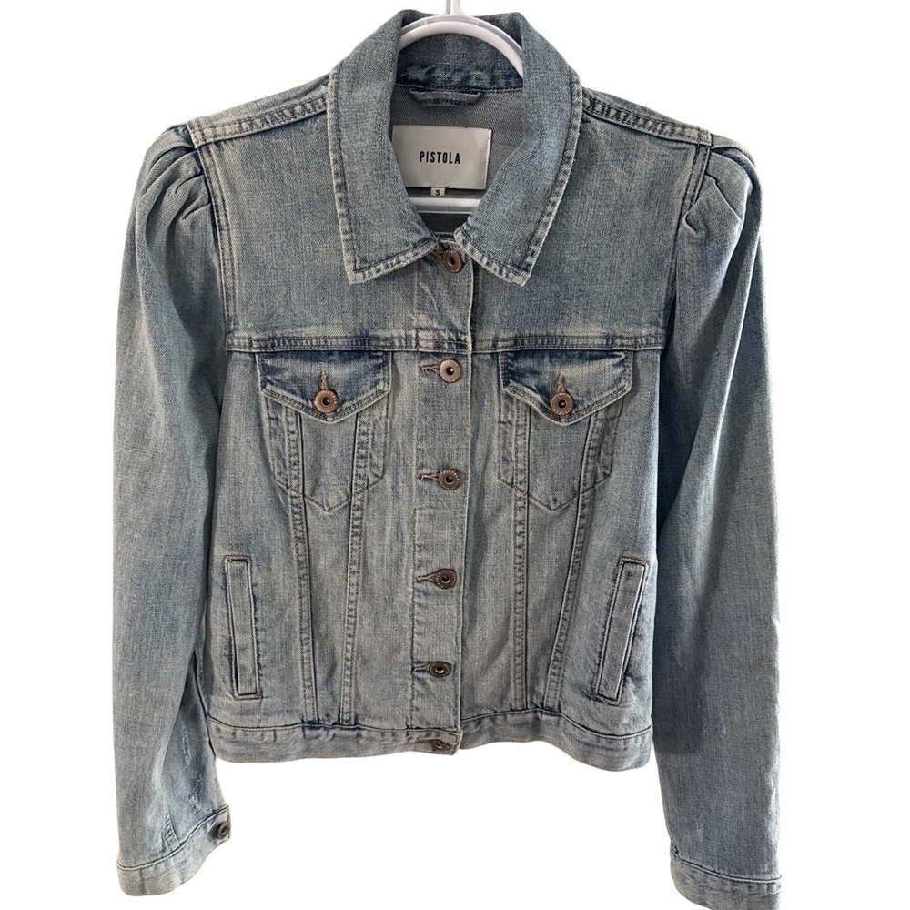 Pistola Womens Light Wash Puff Sleeve Denim Trucker Jacket P5654CSF-SRR Small